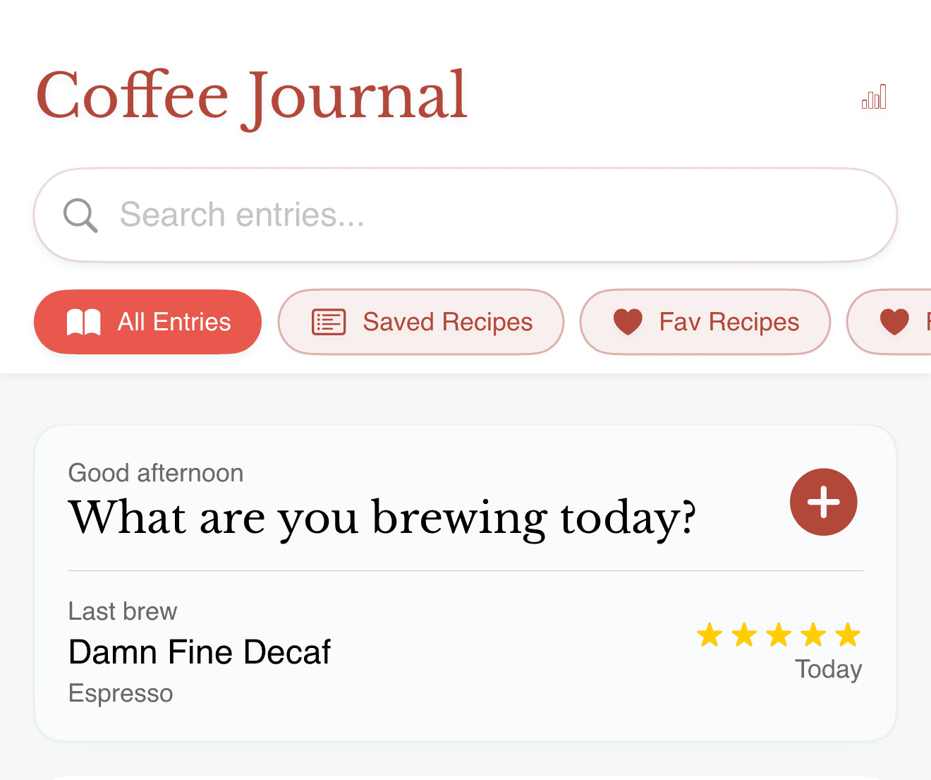 The Beanie Coffee Journal with a five-star last brew, Damn Fine Decaf, logged from just a rating.