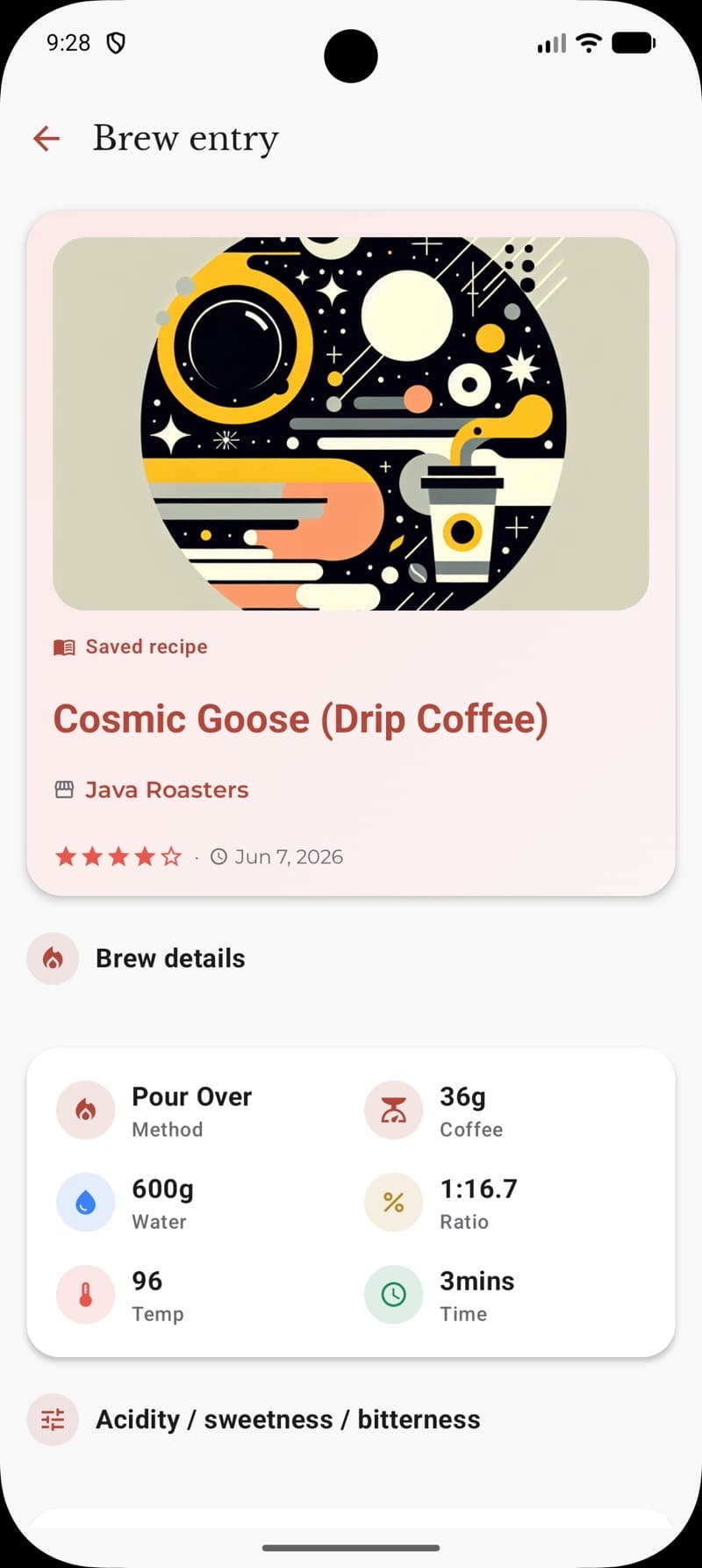 A Beanie brew entry showing a pour over recipe